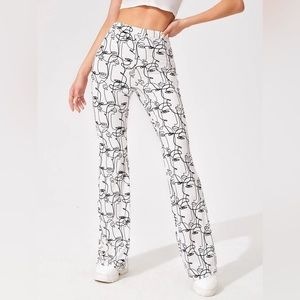 Abstract Face Line Flared Pants With Stretch